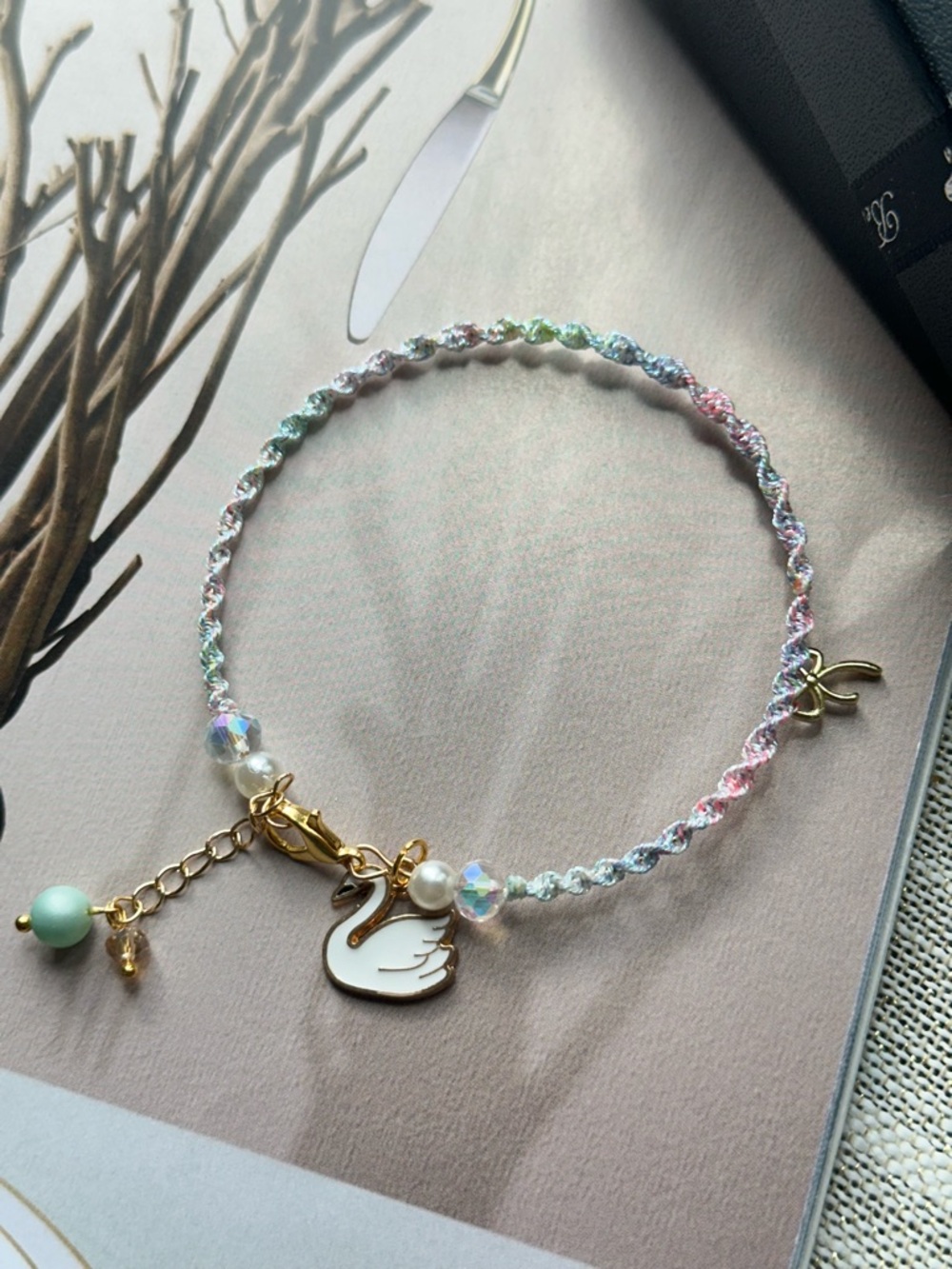 Gold Swan Charm Pastel Multicolor Braided Bracelet